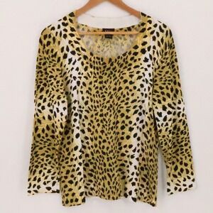 Evie Leopard Animal Print Knit Sweater Womens Size M Yellow Black Cheetah Layer